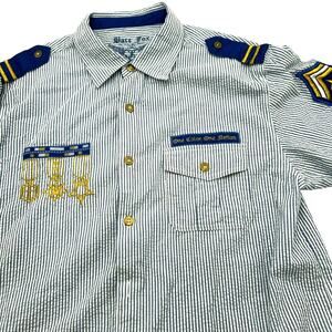 Bare Fox 3XL Military Style‎ Blue Gold Metal Button Up Shirt embroidered collar